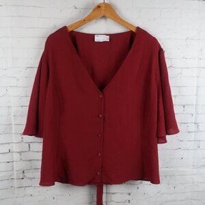 ASOS DESIGN CURVE BURGUNDY V NECK SHORT FLUTTER SLEEVE CROPPED TIE BACK TOP